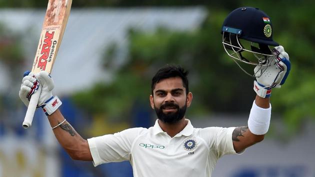Indian cricket team captain Virat Kohli celebrates after scoring a century during the fourth day of the first Test match against Sri Lanka. (AFP) Indian cricket team captain Virat Kohli celebrates after scoring a century during the fourth day of the first Test match against Sri Lanka. (AFP)