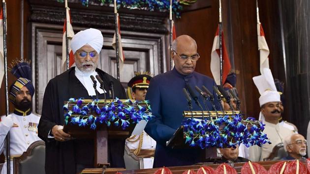 Ram Nath Kovind being sworn-in as the 14th President of India by the Chief Justice of India, Justice JS Khehar at a special ceremony in the Central Hall of Parliament in New Delhi on Tuesday. (PTI) Ram Nath Kovind being sworn-in as the 14th President of India by the Chief Justice of India, Justice JS Khehar at a special ceremony in the Central Hall of Parliament in New Delhi on Tuesday. (PTI)