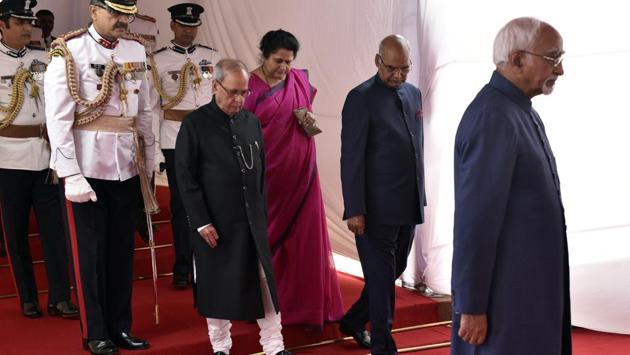 President Pranab Mukherjee, President-elect Ram Nath Kovind and Vice President Hamid Ansari in a ceremonial procession at Parliament House for the swearing-in ceremony of the 14th President of India, in New Delhi on Tuesday, July 25. (Mohd Zakir/HT PHOTO) President Pranab Mukherjee, President-elect Ram Nath Kovind and Vice President Hamid Ansari in a ceremonial procession at Parliament House for the swearing-in ceremony of the 14th President of India, in New Delhi on Tuesday, July 25. (Mohd Zakir/HT PHOTO)