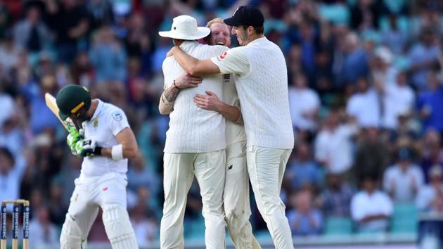 Ben Stokes (2nd R) celebrates Faf du Plessis’ wicket on Day 4 of the third Test match between England and South Africa at The Oval. (AFP) Ben Stokes (2nd R) celebrates Faf du Plessis’ wicket on Day 4 of the third Test match between England and South Africa at The Oval. (AFP)