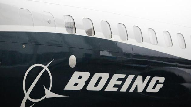 The Boeing logo on the Boeing 737 MAX 9 airplane during its rollout for media at the Boeing factory in Renton, Washington.(AFP File Photo)