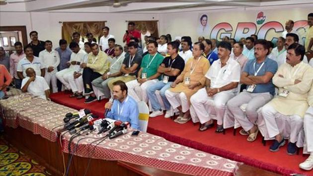 Gujarat Congress MLAs during a press conference at a resort on the outskirts of Bengaluru on Sunday. (PTI Photo) Gujarat Congress MLAs during a press conference at a resort on the outskirts of Bengaluru on Sunday. (PTI Photo)