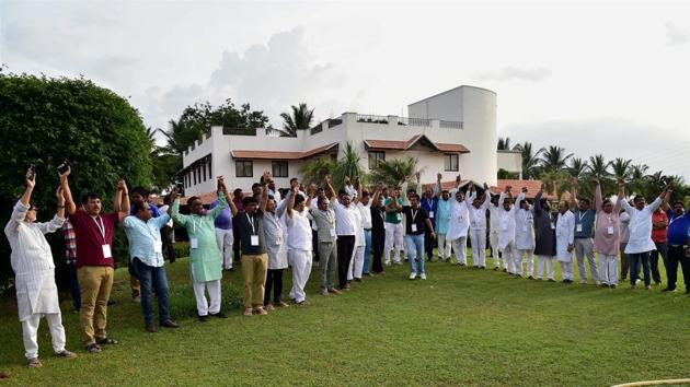 Gujarat Congress MLAs at the resort on the outskirts of Bengaluru. (PTI) Gujarat Congress MLAs at the resort on the outskirts of Bengaluru. (PTI)