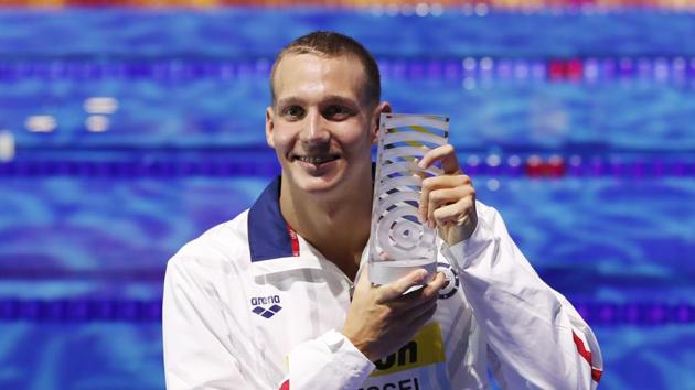 Caeleb Dressel matched Michael Phelps’ tally of seven gold medals in the world swimming championships in Budapest.(AP)
