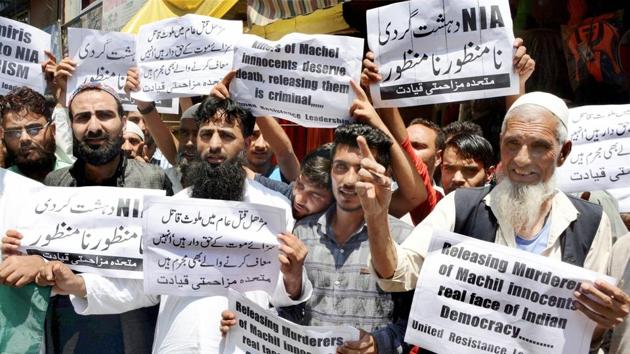 Separatist leaders and protesters demonstrate against an army court's verdict on Machil ‘encounter’, in Srinagar. (PTI File Photo) Separatist leaders and protesters demonstrate against an army court's verdict on Machil ‘encounter’, in Srinagar. (PTI File Photo)