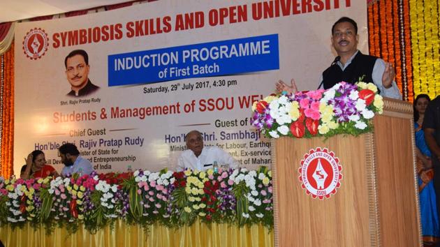Rajiv Pratap Rudy at the Symbiosis Skills and Open University induction program at Kiwale in Pune, on July 29, 2017.(HT PHOTO)