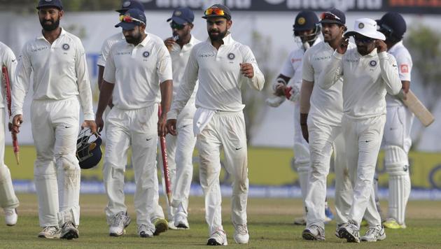 Indian cricket team captain Virat Kohli, center, leaves the ground with his teammates after their win in the first test cricket match against Sri Lanka in Galle. (AP) Indian cricket team captain Virat Kohli, center, leaves the ground with his teammates after their win in the first test cricket match against Sri Lanka in Galle. (AP)