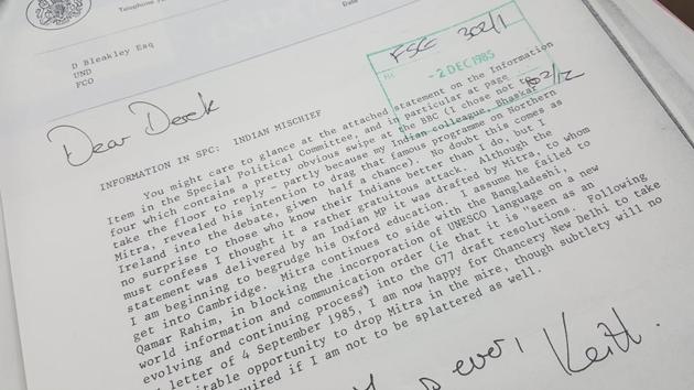 Photo of the declassified British government document documenting the UK’s anger at India’s statement at a UN meeting on the new world information and communication order in 1985. (HT Photo) Photo of the declassified British government document documenting the UK’s anger at India’s statement at a UN meeting on the new world information and communication order in 1985. (HT Photo)
