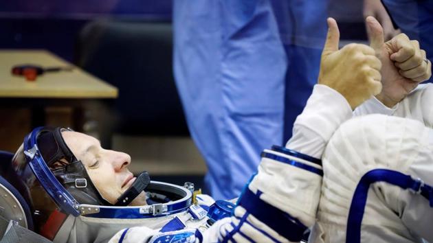 ISS crew member Randy Bresnik of the U.S. gestures during his space suit check at the Baikonur Cosmodrome. The cosmodrome has played host to landmark blast-offs and tests such as the first operational ICBM, Yuri Gagarin’s historic manned orbital flight of the earth and the launch of Sputnik 1 among others. Nations like India and France have also used the location to send their cosmonauts into space. (Shamil Zhumatov / REUTERS)