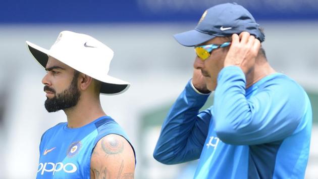 Virat Kohli and coach Ravi Shastri oversee the practice session in a bid to gauge their best options ahead of the next Test. (AFP)