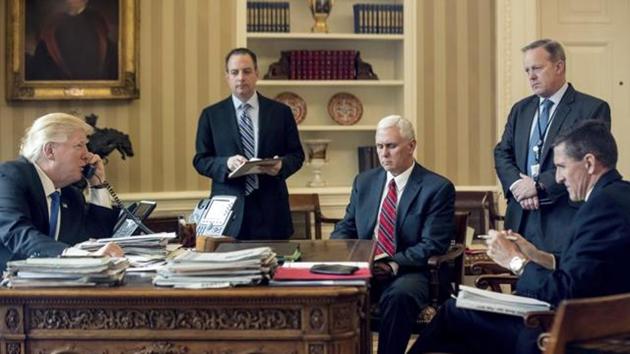 In this January photo, US President Donald Trump and vice president Mike Pence (third from left) are accompanied by then chief of staff Reince Priebus, White House press secretary Sean Spicer and national security adviser Michael Flynn. Almost eight months later, all of those White House staffers have left the administration. (AP photo) In this January photo, US President Donald Trump and vice president Mike Pence (third from left) are accompanied by then chief of staff Reince Priebus, White House press secretary Sean Spicer and national security adviser Michael Flynn. Almost eight months later, all of those White House staffers have left the administration. (AP photo)