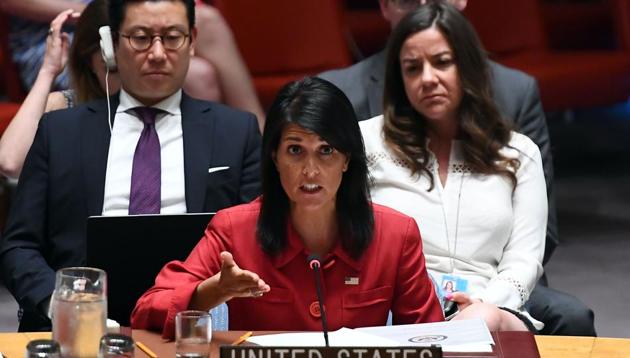 This file photo taken on July 5, 2017 shows US Ambassador to the United Nations Nikki Haley speaks during a Security Council meeting on North Korea at the UN headquarters in New York. (AFP) This file photo taken on July 5, 2017 shows US Ambassador to the United Nations Nikki Haley speaks during a Security Council meeting on North Korea at the UN headquarters in New York. (AFP)