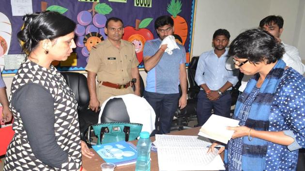 The additional district magistrate also took rounds of the entire school premises after inspecting classroom 4-D, where the boy had kept his bag and was going to another classroom where he was scheduled to appear for a weekly test. (HT Photo) The additional district magistrate also took rounds of the entire school premises after inspecting classroom 4-D, where the boy had kept his bag and was going to another classroom where he was scheduled to appear for a weekly test. (HT Photo)