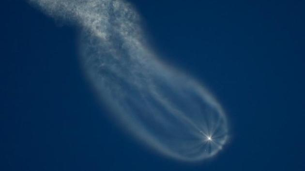 The Soyuz MS-05 spacecraft carrying the crew of Paolo Nespoli of Italy, Sergey Ryazanskiy of Russia and Randy Bresnik of the US blasts off to the International Space Station (ISS) from the launchpad at the Baikonur Cosmodrome, Kazakhstan on July 28, 2017 leaving a cross-shaped pattern from its discarded boosters. Baikonur Cosmodrome is currently on lease to Russia till 2050.