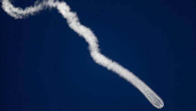 The Soyuz MS-05 spacecraft seen parting from its liquid fuel boosters which would generally be seen as small dots but the timing of the launch allowed the capturing of this separation in detail along with the contrails along hundreds of kilometres sparking UFO sighting reports on social media. (Shamil Zhumatov / REUTERS)