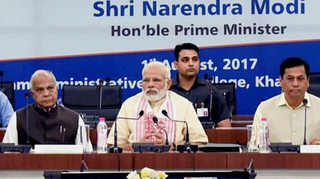 Prime Minister Narendra Modi chairing a high-level meeting to review the flood situation and the relief operations in the North-Eastern states, in Guwahati on Tuesday. (PTI) Prime Minister Narendra Modi chairing a high-level meeting to review the flood situation and the relief operations in the North-Eastern states, in Guwahati on Tuesday. (PTI)