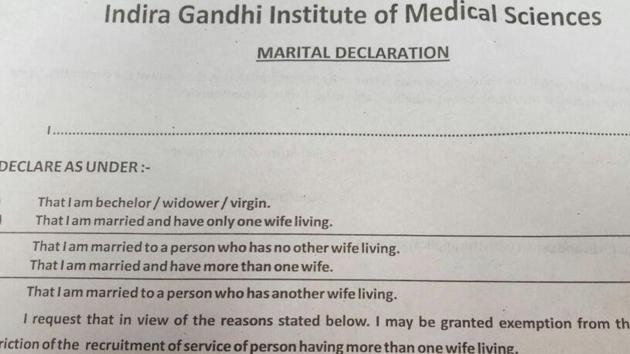 IGIMS Patna asks employees to declare their virginity in a marital status declaration form. (ANI Photo/Twitter) IGIMS Patna asks employees to declare their virginity in a marital status declaration form. (ANI Photo/Twitter)