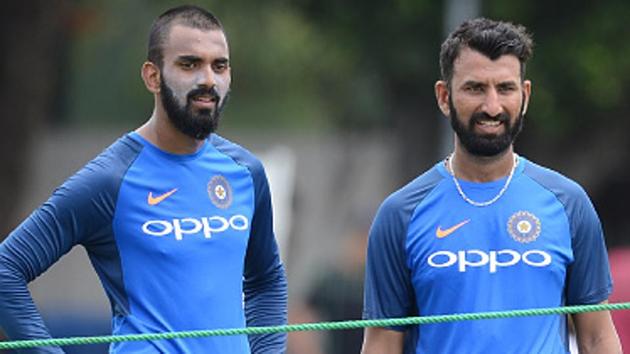 Indian cricket team playersCheteshwar Pujara (R) and KL Rahul wait for their turn during the nets session at the Sinhalease Sports Club (SSC) Ground in Colombo on Tuesday. The second Test between Virat Kohli-led India and Sri Lanka national cricket team starts on Thursday.(Getty Images)