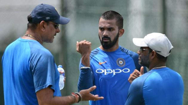 India coach Ravi Shastri gives instructions to KL Rahul during a practice session at the Sinhalease Sports Club Ground in Colombo. (AFP)
