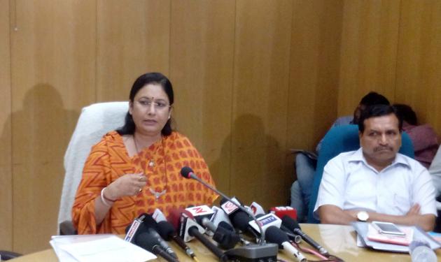 Kiran Maheshwari, state minister for higher, technical and Sanskrit educaiton, addressing a press conference at Shiksha Sankul in Jaipur on Wednesday. (HT Photo.) Kiran Maheshwari, state minister for higher, technical and Sanskrit educaiton, addressing a press conference at Shiksha Sankul in Jaipur on Wednesday. (HT Photo.)