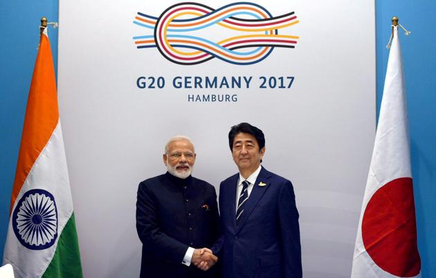 Prime Minister Narendra Modi with his Japanese counterpart Shinzo Abe at the G20 Summit in Hamburg, Germany, last month.(PTI FILE PHOTO)