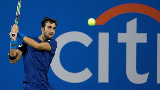 Yuki Bhambri returns to Gael Monfiles during their second round match of the Citi Open at the HG FitzGerald Tennis Center in Washington on Wednesday. (Getty Images) Yuki Bhambri returns to Gael Monfiles during their second round match of the Citi Open at the HG FitzGerald Tennis Center in Washington on Wednesday. (Getty Images)
