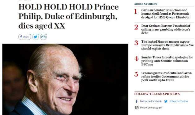 British newspaper the Daily Telegraph accidentally published a pre-written report on Wednesday announcing the death of Prince Philip. (Screengrab) British newspaper the Daily Telegraph accidentally published a pre-written report on Wednesday announcing the death of Prince Philip. (Screengrab)