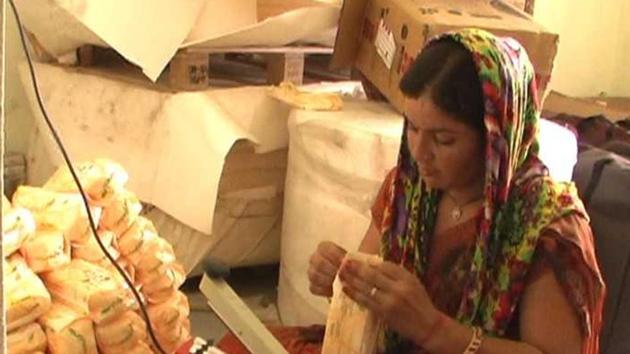 A worker engaged in making sanitary pads at a all-woman unit in Jhunjhunu, Rajasthan.(DD Saini)