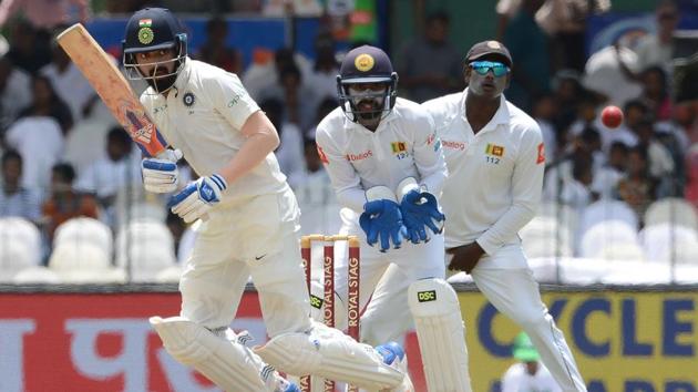 Indian cricketer Lokesh Rahul (L) plays a shot against Sri Lanka on the first day of the second Test at the Sinhalease Sports Club (SSC) Ground in Colombo on Thursday. (AFP) Indian cricketer Lokesh Rahul (L) plays a shot against Sri Lanka on the first day of the second Test at the Sinhalease Sports Club (SSC) Ground in Colombo on Thursday. (AFP)