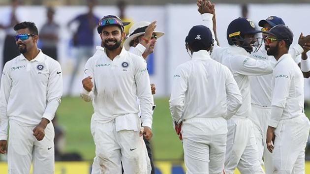 Indian cricket team captain Virat Kohli (2L) celebrates with teammates during the first Test match against Sri Lanka national cricket team at Galle International Cricket Stadium last week. (Getty Images) Indian cricket team captain Virat Kohli (2L) celebrates with teammates during the first Test match against Sri Lanka national cricket team at Galle International Cricket Stadium last week. (Getty Images)