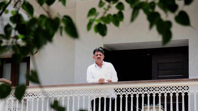DK Shivakumar at his residence in Bengaluru on Wednesday.(PTI Photo)