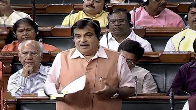 Union transport minister Nitin Gadkari speaks in the Rajya Sabha during the ongoing monsoon session, in New Delhi.(PTI Photo)