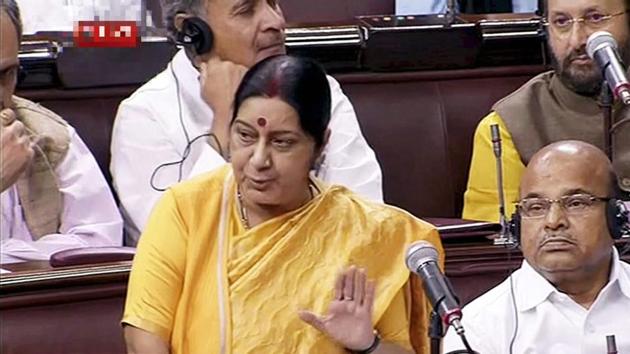 External affairs minister Sushma Swaraj speaks in the Rajya Sabha during the ongoing monsoon session of Parliament. (PTI Photo) External affairs minister Sushma Swaraj speaks in the Rajya Sabha during the ongoing monsoon session of Parliament. (PTI Photo)