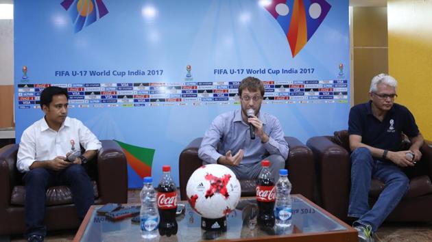 Officials of the FIFA U-17 World Cup attend a press meet in New Delhi on Friday. (AIFF) Officials of the FIFA U-17 World Cup attend a press meet in New Delhi on Friday. (AIFF)