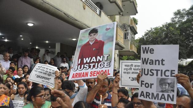 Residents came together on Friday to support the Sehgals, Arman’s parents, in their quest for justice. (Sakib Ali/HT Photo) Residents came together on Friday to support the Sehgals, Arman’s parents, in their quest for justice. (Sakib Ali/HT Photo)
