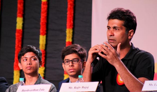 (R to L) Rajiv Bajaj, Harshanvardhan Zala, Akash Manoj at the Youngistaanis- Innovators Conclave organised on the 13th Founders day of The Orchid School, Pune. (Sanket Wankhade/HT PHOTO) (R to L) Rajiv Bajaj, Harshanvardhan Zala, Akash Manoj at the Youngistaanis- Innovators Conclave organised on the 13th Founders day of The Orchid School, Pune. (Sanket Wankhade/HT PHOTO)