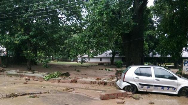 Rainwater inundated low-lying areas and filled up the roads in Kotdwar.(HT Photo)