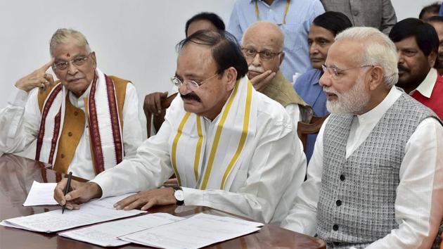 NDA's vice-presidential candidate Venkaiah Naidu with Prime Minister Narendra Modi and other BJP leaders as he files his nomination papers at Parliament in New Delhi. (PTI File Photo) NDA's vice-presidential candidate Venkaiah Naidu with Prime Minister Narendra Modi and other BJP leaders as he files his nomination papers at Parliament in New Delhi. (PTI File Photo)