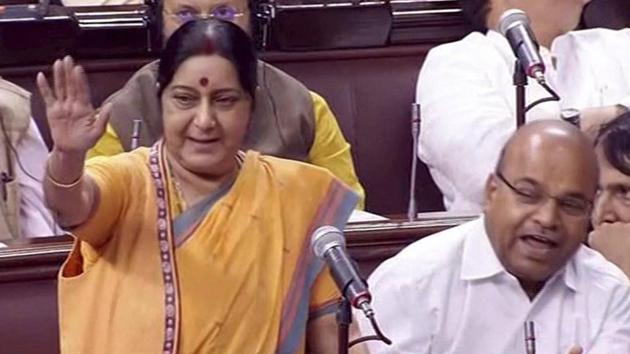External affairs minister Sushma Swaraj speaks in the Rajya Sabha. (PTI Photo/TV grab) External affairs minister Sushma Swaraj speaks in the Rajya Sabha. (PTI Photo/TV grab)