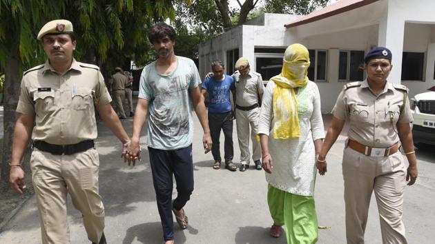 The three accused in police custody on Friday. (Sanjeev Verma/HT PHOTO) The three accused in police custody on Friday. (Sanjeev Verma/HT PHOTO)