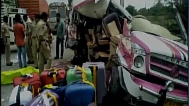 Five persons were killed and nine injured in an accident in Chittoor district of Andhra Pradesh on Saturday. (ANI Twitter) Five persons were killed and nine injured in an accident in Chittoor district of Andhra Pradesh on Saturday. (ANI Twitter)