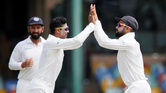 However, Sri Lanka kept losing wickets at regular intervals. Ravindra Jadeja picked up two wickets to become the second fastest Indian to reach 150 Test scalps. (REUTERS)