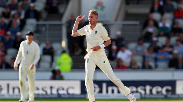 England's Stuart Broad celebrates taking the wicket of South Africa's Kagiso Rabada.(Action Images via Reuters)