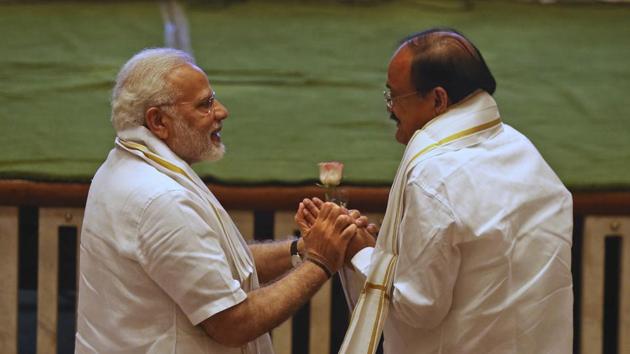 Prime Minister Narendra Modi with BJP’s vice president candidate Venkaiah Naidu at a function in New Delhi, on August 4, 2017. The election to decide India's 15th Vice President will be held on August 5. (AP) Prime Minister Narendra Modi with BJP’s vice president candidate Venkaiah Naidu at a function in New Delhi, on August 4, 2017. The election to decide India's 15th Vice President will be held on August 5. (AP)