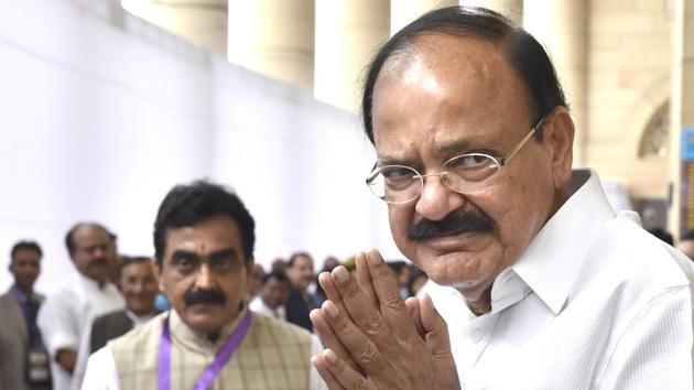 Vice President-elect M Venkaiah Naidu ahead of voting at Parliament House in New Delhi on Saturday.(Arvind Yadav/HT Photo)
