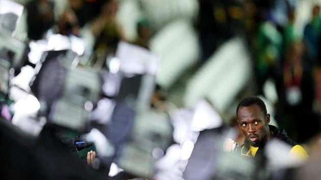 Usain Bolt caught during a moment of reflection after the men’s 100m final at the IAAF World Championships of Athletics on Saturday. (Getty Images)