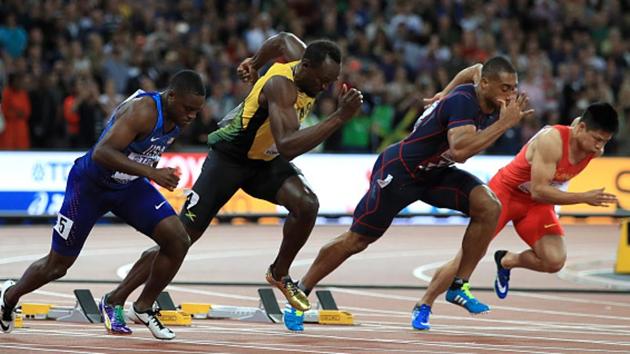 As we have seen on many occasions before, Usain Bolt (second left) was slow off the blocks and accelerated in the second half of the men’s 100m final at the IAAF World Championships of Athletics in London. (Getty Images)