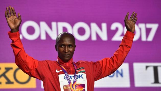 Geoffrey Kirui won the gold medal at the men’s marathon event at the World Athletics Championships.(AFP)