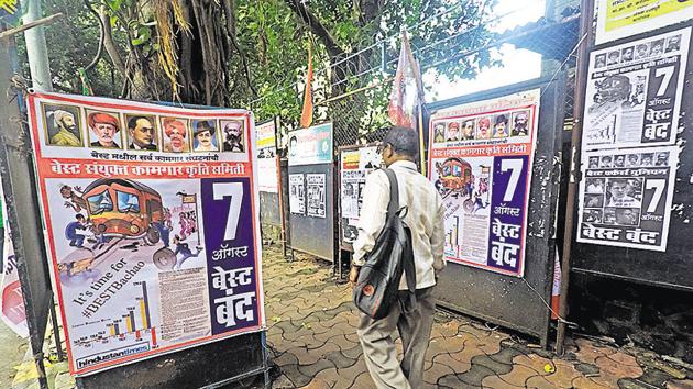 A man wallks past posters featuring HT’s #BESTBachao campaign, outside Wadala bus depot in Mumbai on Saturday. (Pratik Chorge/HT Photo) A man wallks past posters featuring HT’s #BESTBachao campaign, outside Wadala bus depot in Mumbai on Saturday. (Pratik Chorge/HT Photo)