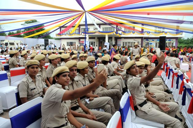 Women police personnel take selfies at a function organised to mark the second anniversary of the women’s police station in(Parveen Kumar/HT PHOTO) Women police personnel take selfies at a function organised to mark the second anniversary of the women’s police station in(Parveen Kumar/HT PHOTO)